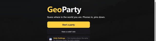 The GeoParty landing page, with a Start a party button